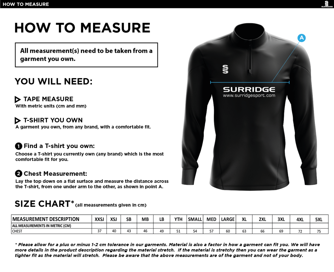 Hoe Valley School Staff 1/4 Zip Dual Performance Top - Size Guide