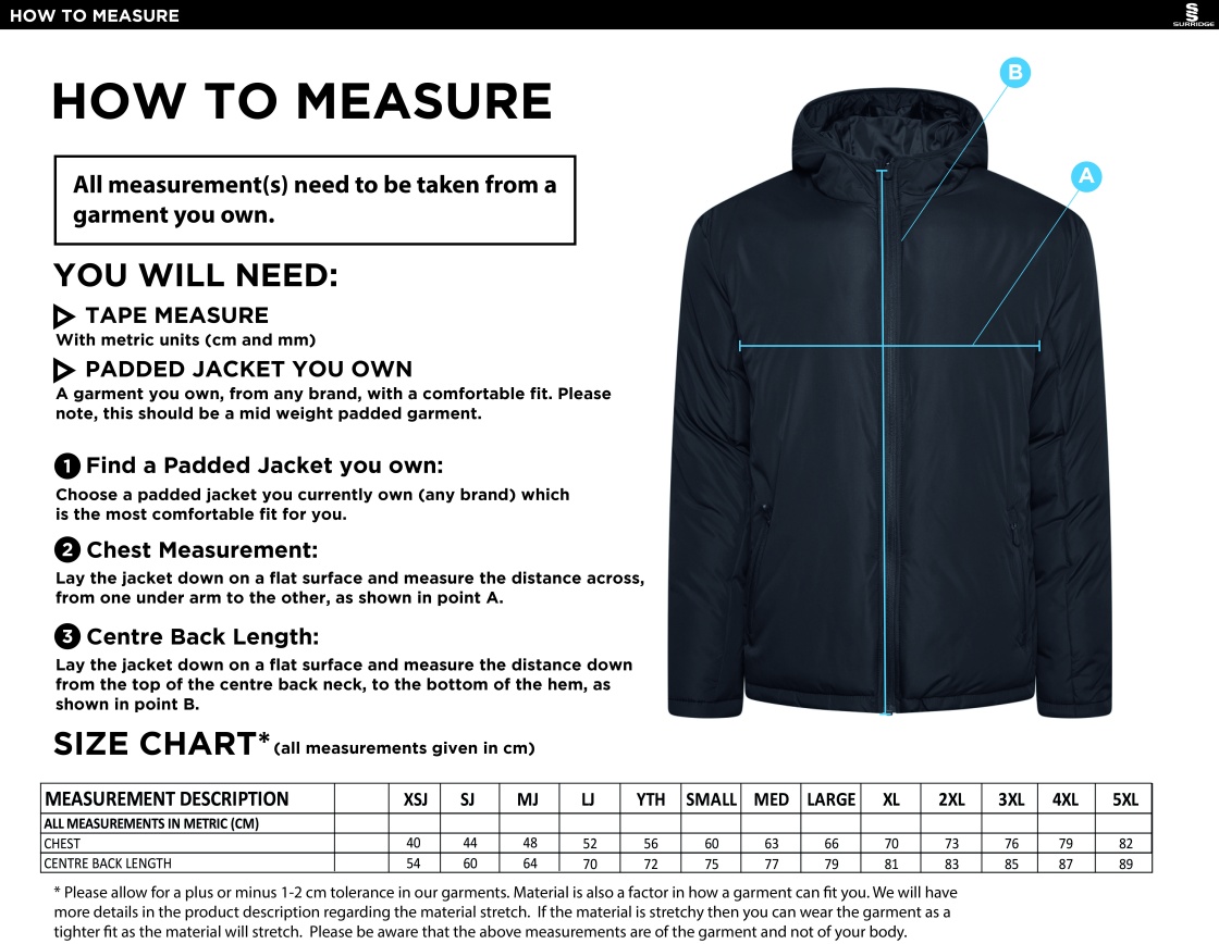 Hoe Valley School Staff Active Padded Jacket - Size Guide