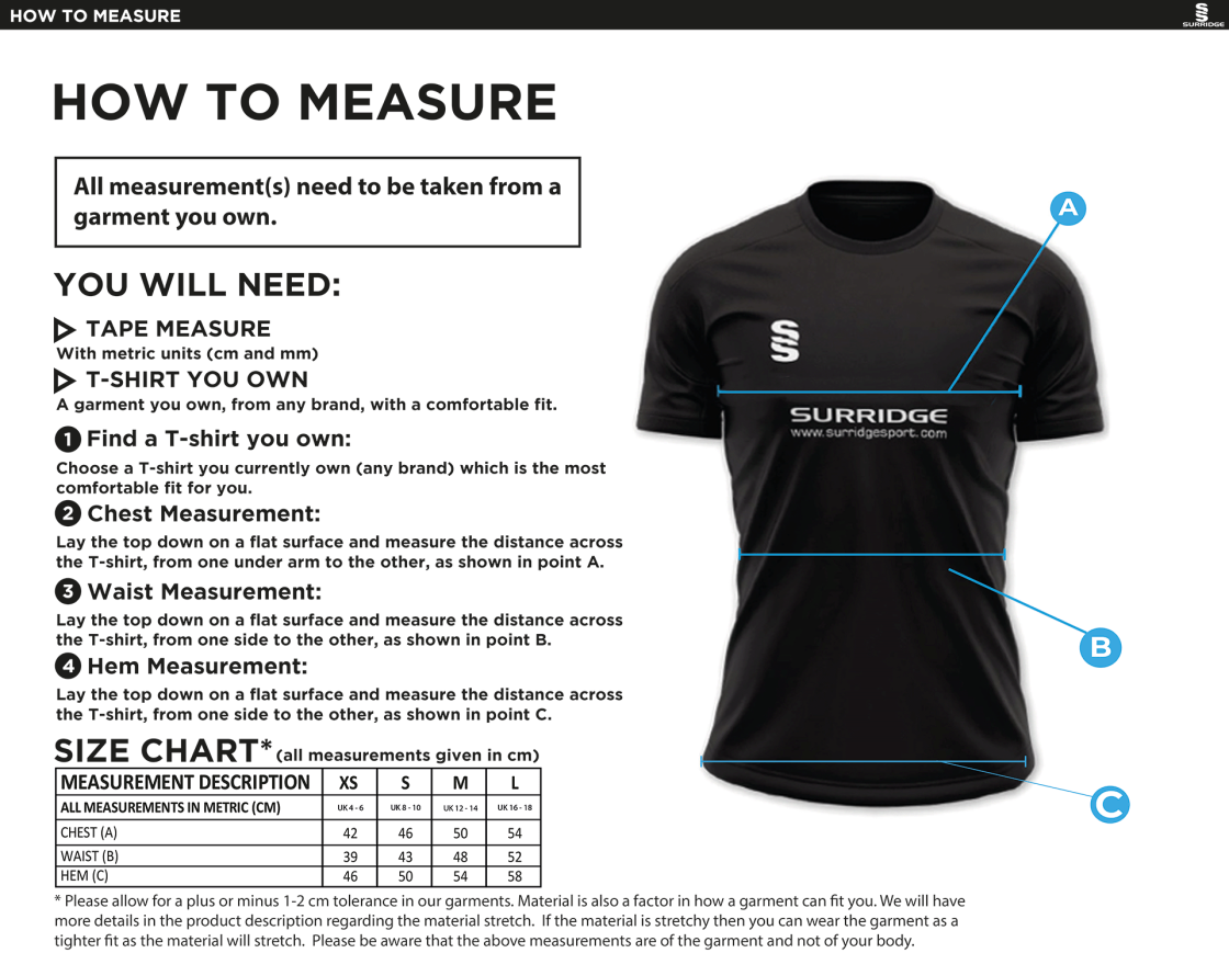 Hoe Valley School Staff Women's Games ShirT - Size Guide