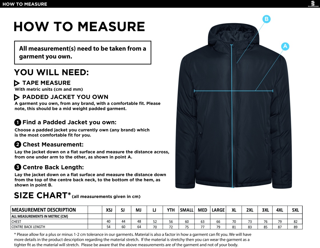 Hoe Valley School Staff Active Padded Jacket - Size Guide