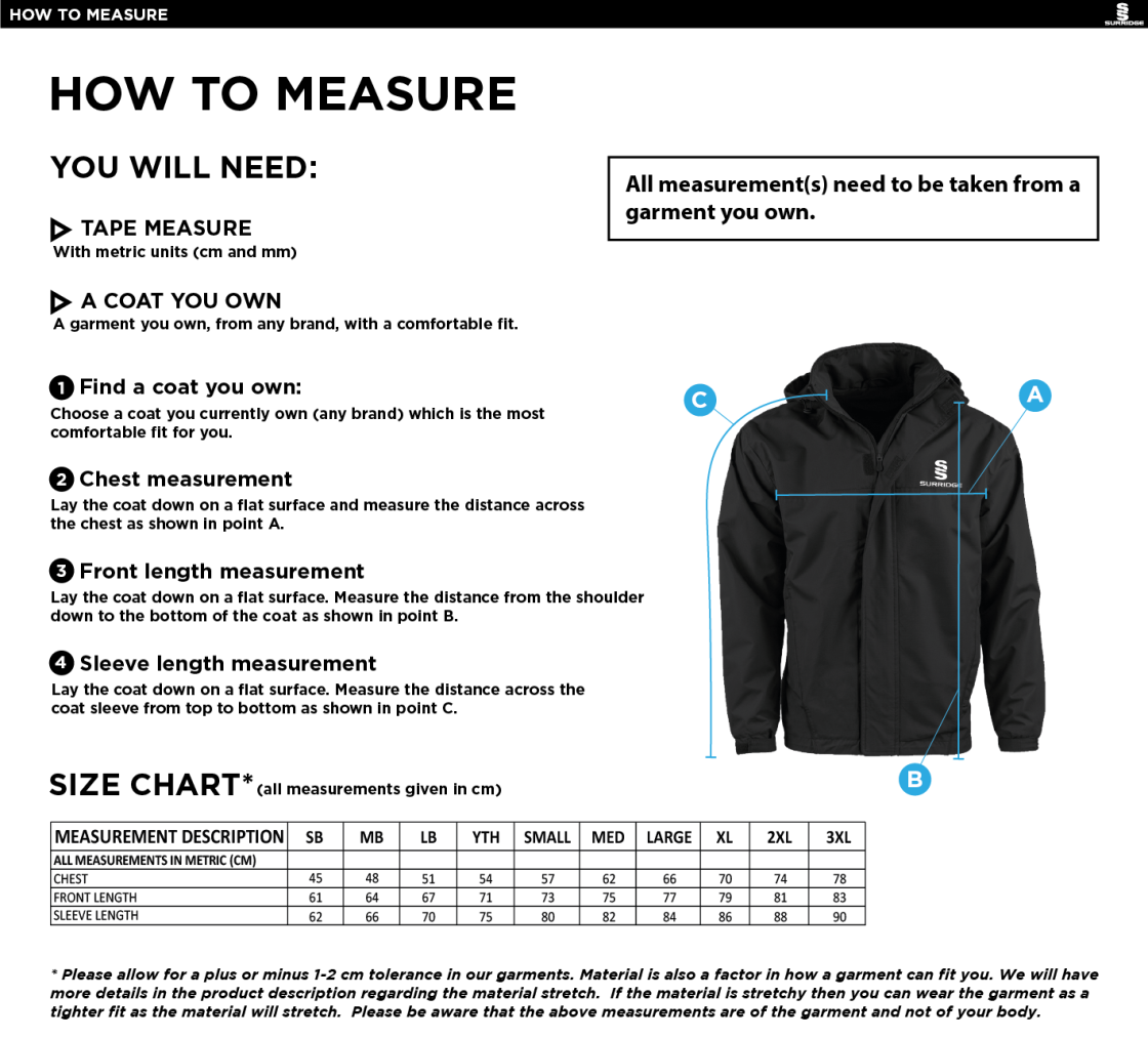 Hoe Valley School Staff Fleece Line Jacket - Size Guide