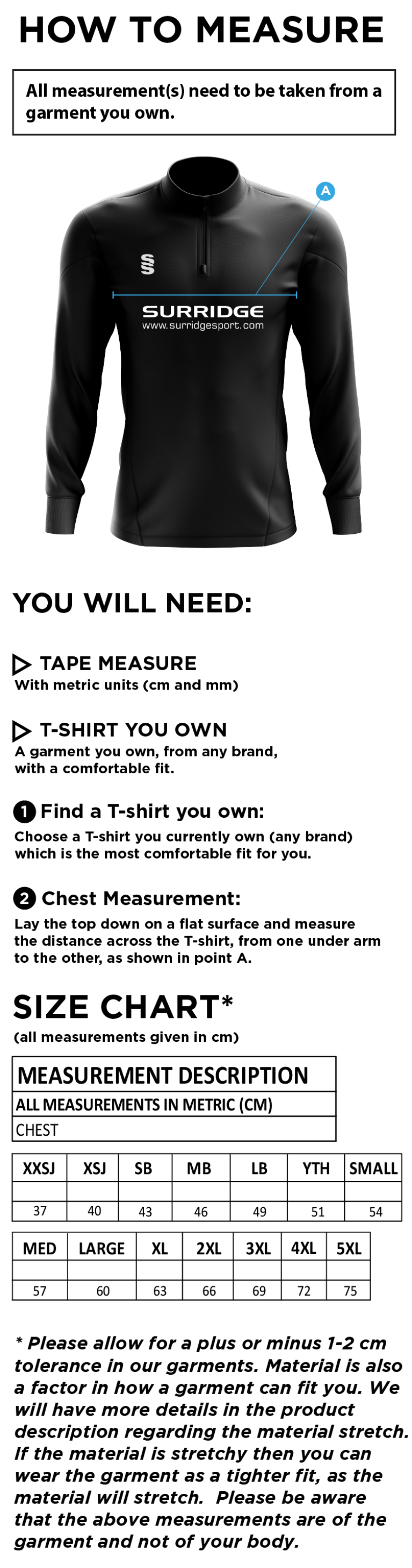 Hoe Valley School Staff 1/4 Zip Dual Performance Top - Size Guide
